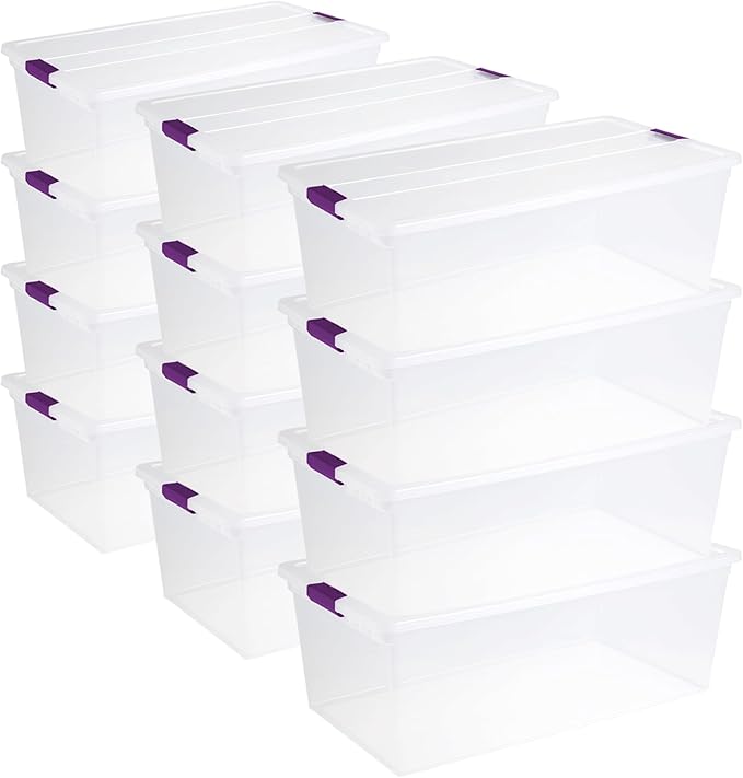 Sterilite 12-Pack 110 Quart ClearView Latch Box Stackable Organizer Bins with Latching Lids - Clear Plastic Organization Containers for Closet Bedroom Shelving Units and Everyday Home Storage
