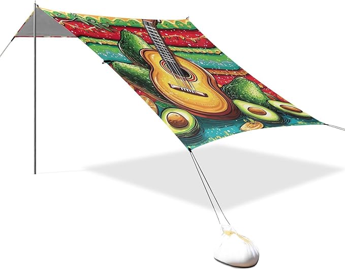Mexican Style Cinco De Mayo Guitar Avocados Foldable Beach Cabana UPF50+ Easy Setup Large Portable Sun Shelter with Sandbags and Shovel for Camping Picnics Backyard