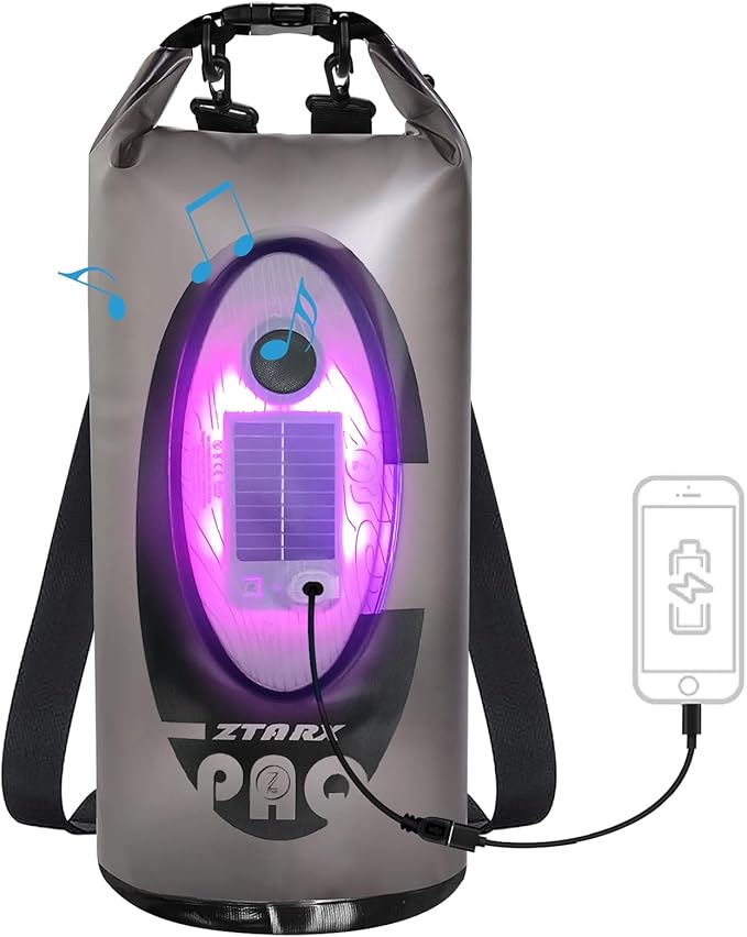 Qoolife Dry Bag Waterproof with Solar Bluetooth Speaker &amp Light - 10L/20L Roll Top Dry Sack Keeps Gear Dry for Men Women Kayaking Beach Rafting Boating Hiking Camping and Fishing