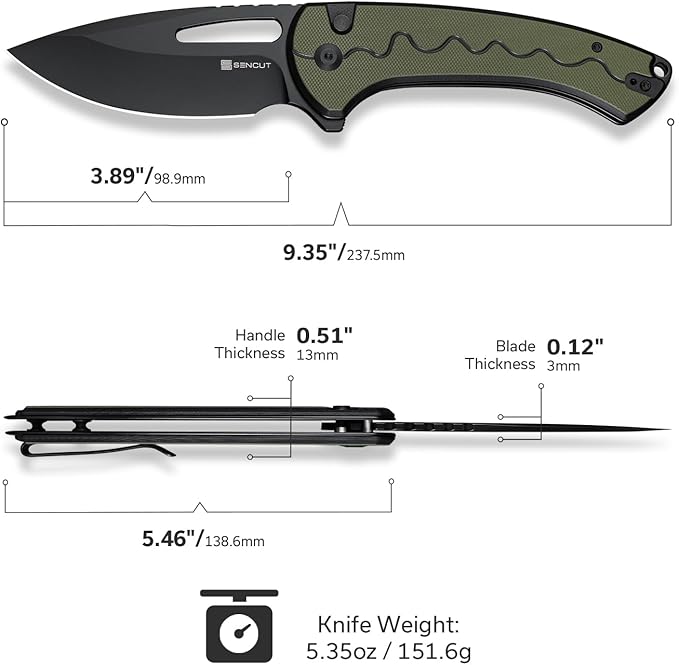 SENCUT Squiggy Pocket Knife Camping Folding Knife with 3.89'' 9Cr18MoV Blade &amp G10 Handle Reversible Clip for EDC Hiking S24082A-2 (Black/Green)