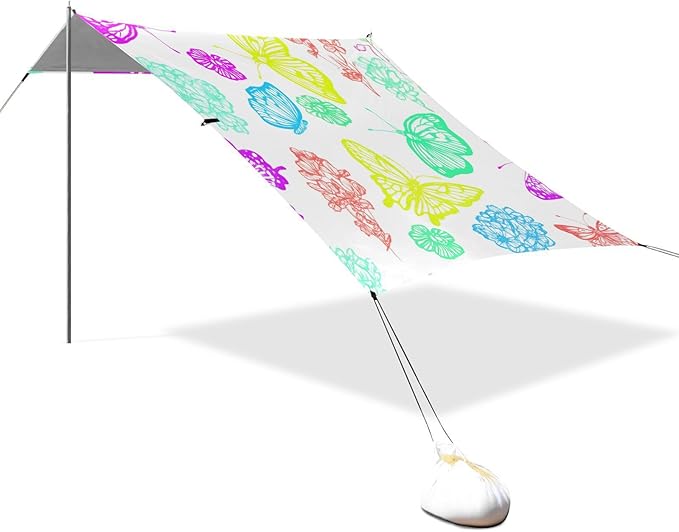 Beach Canopy with Windproof Ropes &amp Sandbags Beach Tent Sun Shade Sun Shelter for Camping Trips Fishing Backyard Fun or Picnics Butterflies