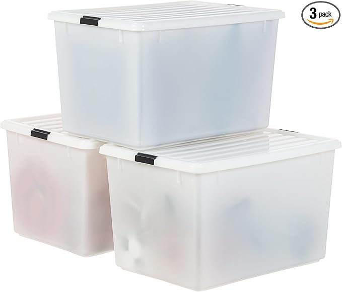 IRIS USA 144 Qt Stackable Plastic Storage Bins with Lids 3 Pack - BPA-Free Discreet Organizing Solution Latches Durable Nestable Containers Secure Pull Handle Made in USA - Pearl