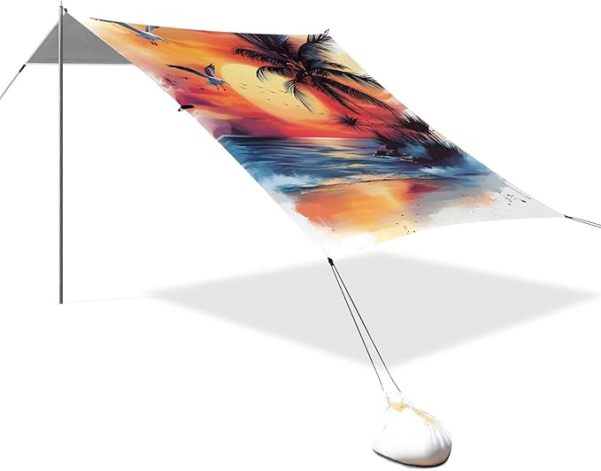 ALAZA Watercolor Beach Palm Tree Beach Tent Sun Shelter UPF50+ Protection Beach Shade Canopy w/ 4 Sandbags for Outdoor Camping Fishing Backyard Fun Picnic 10x9 ft