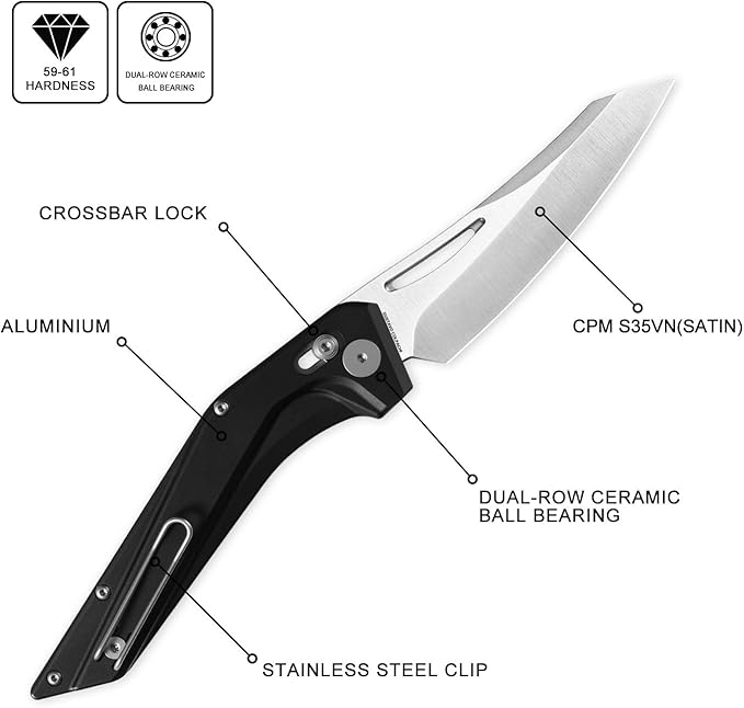 Petrified fish PFP15 Frigate Folding Knife3.82 CPM S35VN Steel Satin Blade Aluminium Handle Pocket Knife for Camping Outdoor (Black Aluminum &amp Satin)