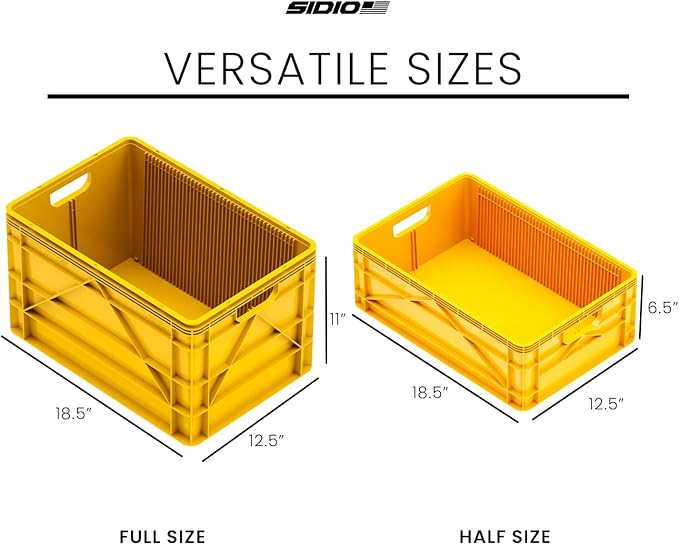SIDIO Crate Basic Pack - 2 Full-Size &amp 1 Half-Size Heavy Duty Stackable Storage Bins Totes and Containers with Dividers - Durable Plastic Organizer for Home Office Garage and Outdoor Use (Sol)