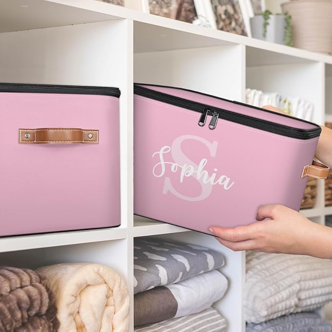Personalized Closet-Storage-Bins with Lids HandleStackable Storage Bin for Under BedCube Collapsibl Basket Pink Baby-Keepsake-Box