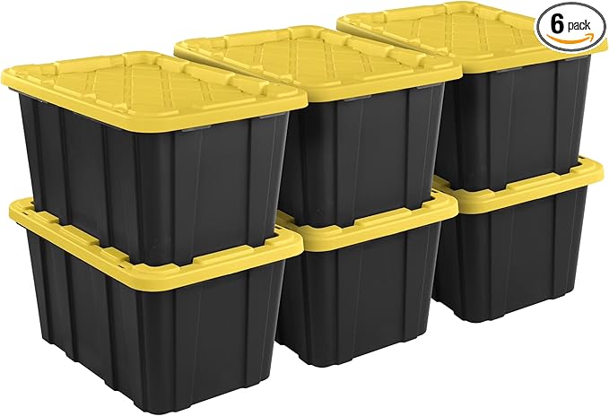 27 Gallon Plastic Storage Container with Snap-On Lid Heavy-Duty Industrial Tote Black and Yellow 28.5x19.6x15.5 Inches 6 Pack (6 Black/Yellow)
