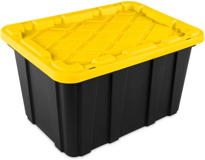 Sterilite 4 Tier Tote Rack Vertical Plastic Organizer with 4 Pack 27 Gallon Industrial Storage Totes Black - for Garages Workshops or Basements