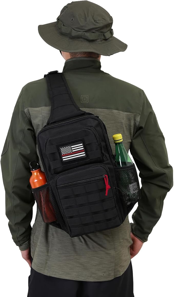 Rover Sling Pack Tactical Shoulder Sling Bag Backpack with Bottle Holder Crossbody Chest Bag Black with Red Rope/Patch