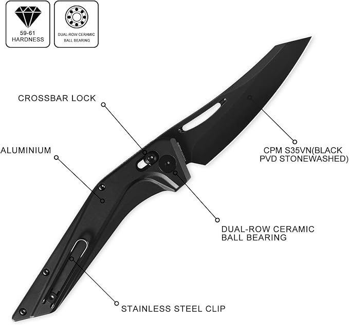 Petrified fish PFP15 Frigate Folding Knife3.82 CPM S35VN Steel Black Stonewashed Blade Aluminium Handle Pocket Knife for Camping Outdoor (Black Aluminum &amp Black Finished)