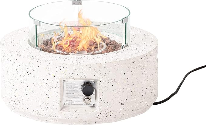 HOMPUS Outdoor Propane Fire Pit 40000 BTU 28-inch Round White Terrazzo Concrete Fire Table Gas Fire Pit with Wind Guard Lava Rocks and Rain Cover for Outdoor Pool Deck or Backyard