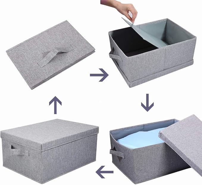 HOONEX Linen Foldable Storage Bins with Lids 2 Pack Storage Boxes with Carrying Handles and Sturdy Heavy Cardboard 16.5 L x 11.8 W x 7.5 H for Shoes Books Clothes Light Grey