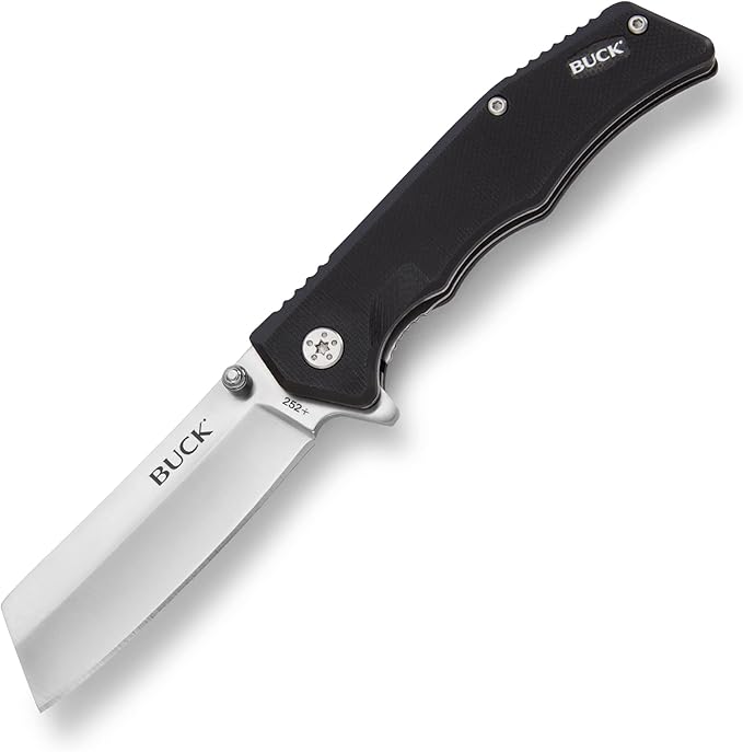 Buck Knives 252 Trunk Folding EDC Knife 3-3/4” Pocket Knife Cleaver Blade G10 Handle 7Cr17MoV Steel Cleaver Folding Blade Black 3.1 oz