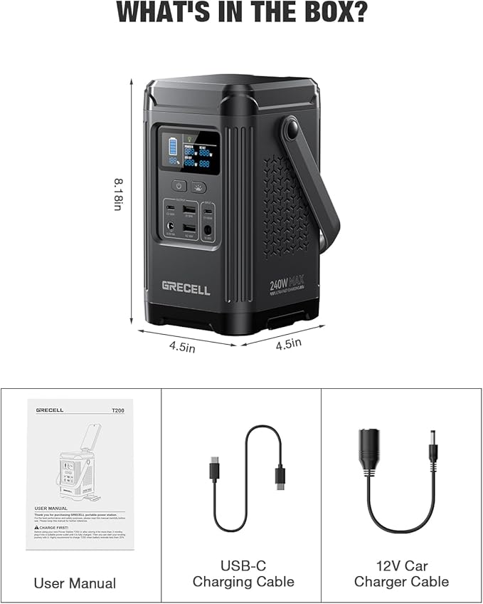 240W Portable Power Station 153.6WH Solar Generator GRECELL LiFePO4 Battery Dual Way 100W PD Portable Power Bank with Integrated Stand for Outdoors Camping Travel (No Wall Charger Included)