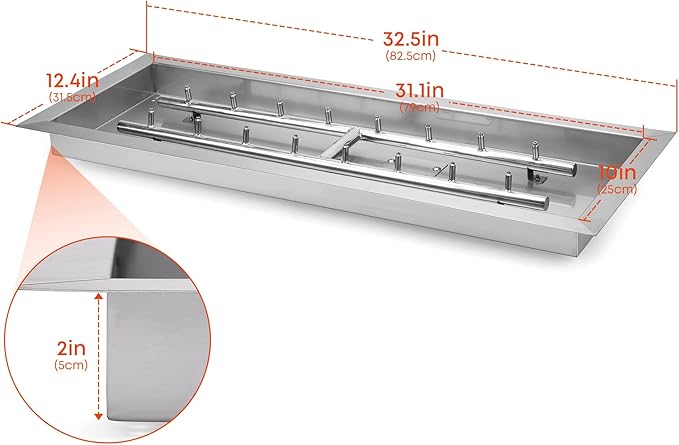Stanbroil 30 x 10 Inch Upgrade Rectangle Fire Pit Pan with Jet Burner304 Stainless Steel Natural &amp Propane Gas Firepits for OutsideHigh Flame125000 BTU Max