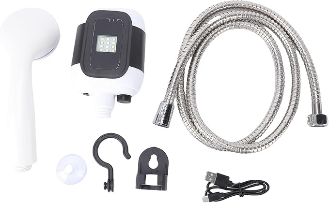 TARSHYRY Portable Camping Shower Built in Light and 2000mAh Battery for 30 Minutes Use Flexible Mounting System with Suction Cups and Hooks for Camping Hiking Travel Pet Washing