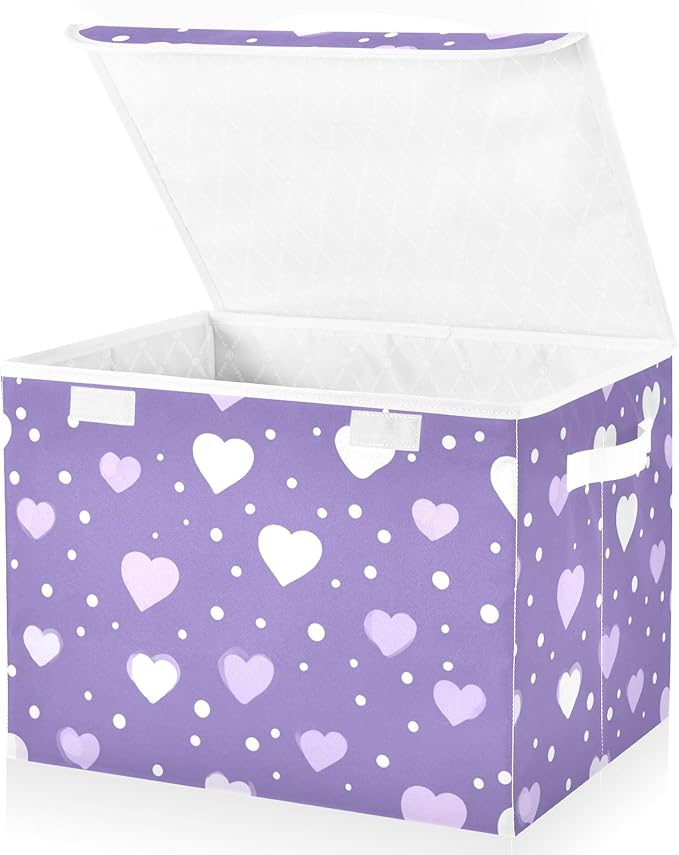 Purple Valentine Hearts Dots Storage Box with Lid 1 PC Foldable Storage Bin with Lids Stackable Storage Bins Cube Closet Organizer Basket with Flip-Top Lid &amp Handles for Shoes Books Towels
