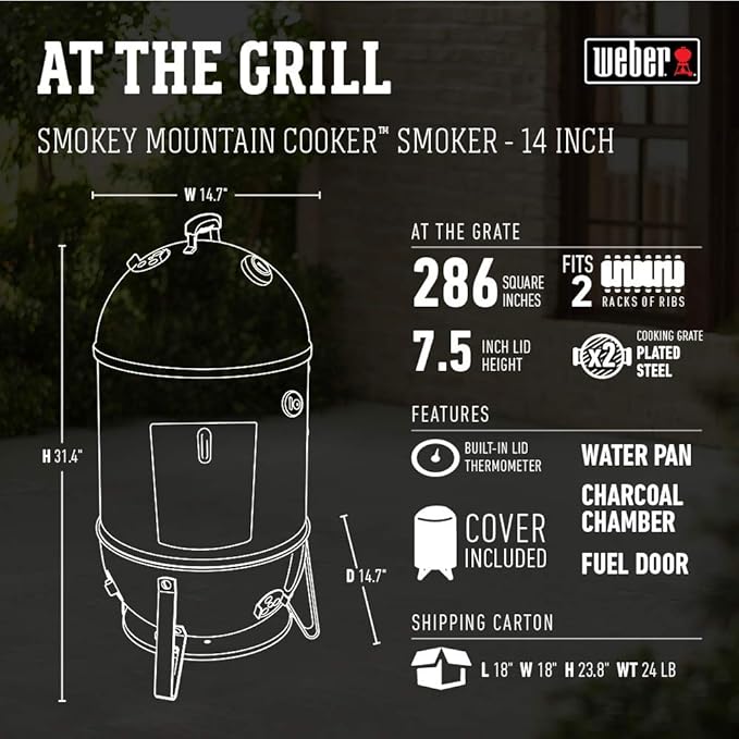 Weber Smokey Mountain Cooker 14-Inch Charcoal Smoker – Outdoor BBQ Smoker with Dual Cooking Grates Porcelain‑Enameled Kettle &amp Temperature Control Dampers