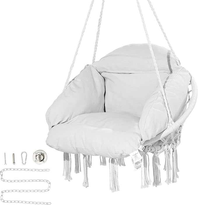 VEVOR Hanging Hammock Swing Chair Macramé Hanging Chair with Cushion and Mounting Hardware Cotton Rope Swing Chair for Bedroom Balcony Patio Garden 264 lbs Capacity White