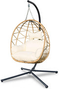 Hanging Egg Chair Swing with Stand Patio Wicker Hanging Chair Webbing &amp PE Rattan Weaving Thickened UV Resistant Cushion &amp Alloy Steel Frame 380lbs Capacity for Patio Bedroom Balcony (YB)