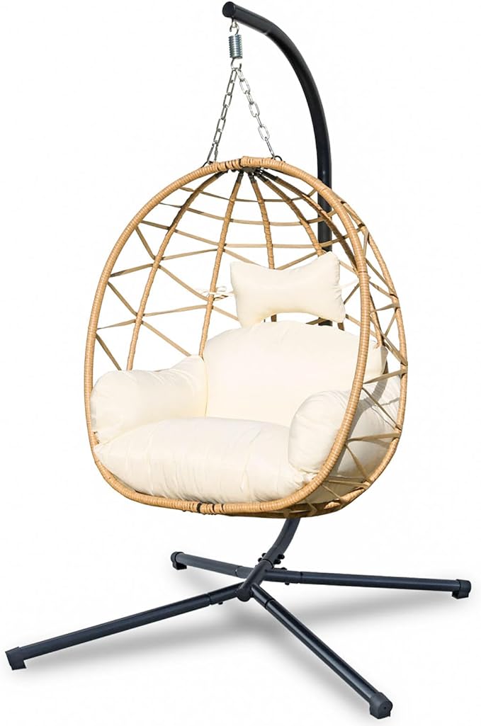 Hanging Egg Chair Swing with Stand Patio Wicker Hanging Chair Webbing &amp PE Rattan Weaving Thickened UV Resistant Cushion &amp Alloy Steel Frame 380lbs Capacity for Patio Bedroom Balcony (YB)