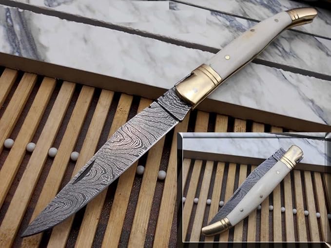 Laguiole Folding Damascus Steel Knife 8.6 Long with 4.1 Hand Forged Custom Twist patren Blade. Wine 2 Tone Dollar Wood &amp Brass Bolster Scale. Cow Hide Leather Sheath Included (White)