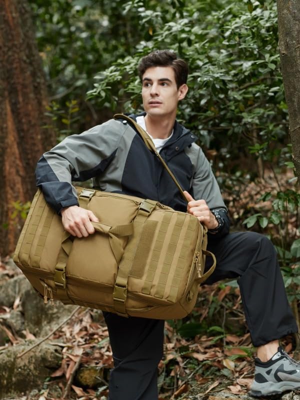 Tactical Duffel Backpack Military Waterproof handbags Large Capacity Mountaineering Luggage Hiking Camping Bag Outdoor (Brown 12.2 L x25.2 H x 10.3 W)