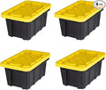 6.5 Quart (1.6 Gallon) Small Tough Storage Tote with Yellow Snap Lid Black Stackable &amp Nestable Heavy-Duty Plastic Organizing Bins 4-Pack