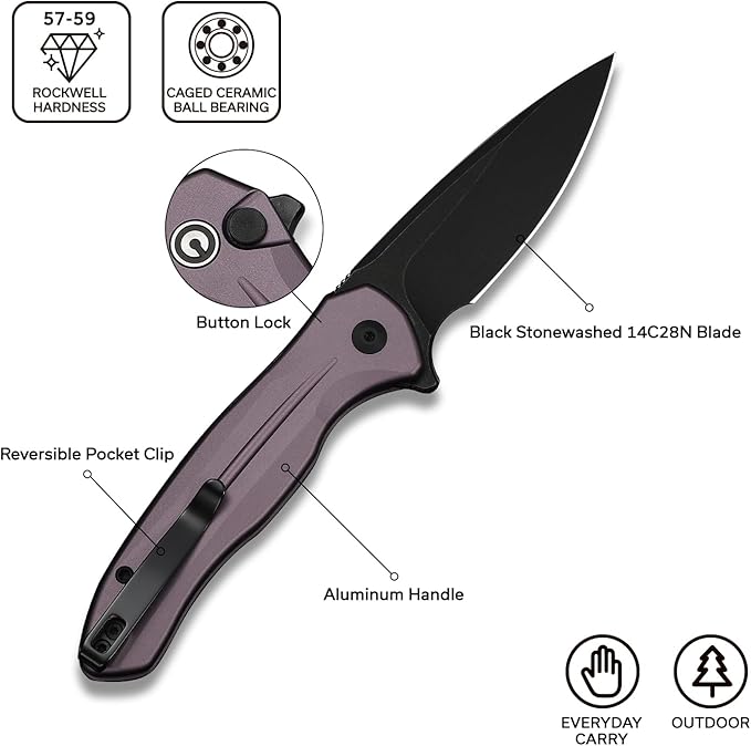 CIVIVI Kitefin EDC Pocket Knife 3.22“ 14C28N Drop Point Blade Folding Knife Aluminum Handle with Reversible Clip for Camping Hiking Hunting C24091-3 Purple