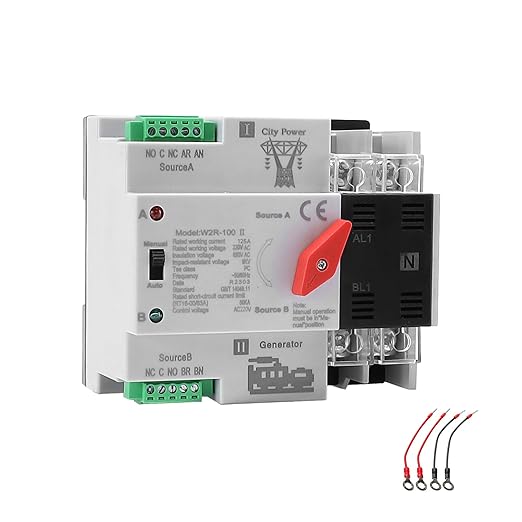 Mini ATS Automatic/Manual Transfer Switch 2P 125A AC220V 2POLE 125amps ATS Dual Power Transfer Switch for Home Generator Din Rail Mounted 220V Manual Transfer Switches Fast Transfer