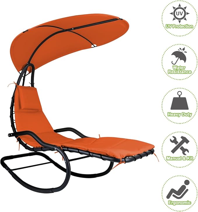 Outdoor Hammock Rocking Chaise Lounge Swing Chair with Stand and Canopy Porch Swing w/Soft Cushion Removable Headrest Outdoor Recliner Rocking Chair for Garden Backyard Poolside (Orange)