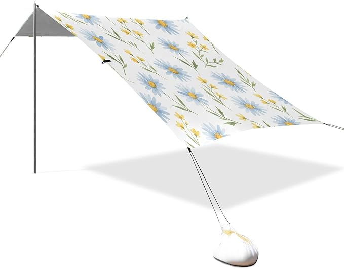 xigua Daisy Beach Tent Sun Shelter with Carrying Bag - Silver Coated Oxford Fabric Beach Canopy for Beach Camping Fishing - Includes Windproof Ropes Sandbags &amp Stakes