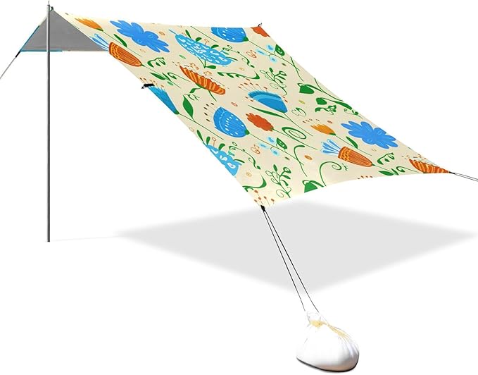 Beach Canopy with Windproof Ropes &amp Sandbags Beach Tent Sun Shade Sun Shelter for Camping Trips Fishing Backyard Fun or Picnics Flowers