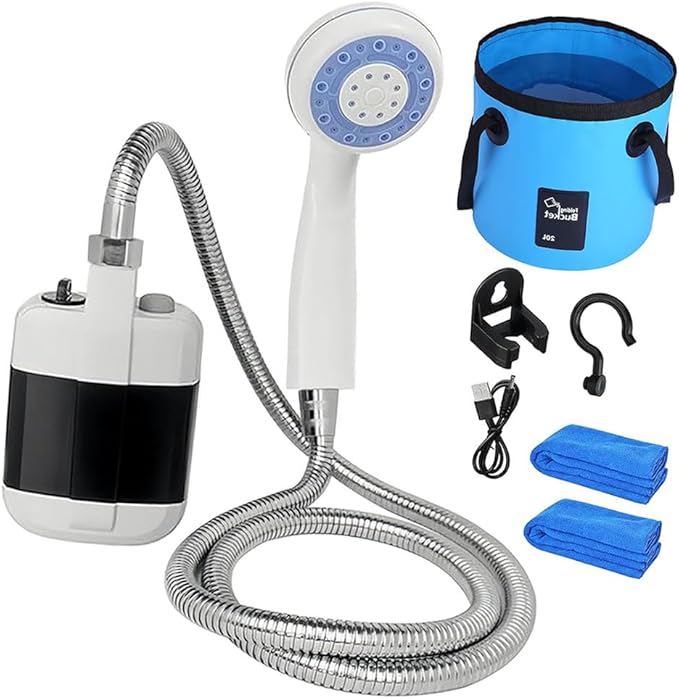Portable Camping Shower With Adjustable Flow for Easy &amp Convenient Outdoor Cleaning Multiple Spray Modes with Showers Head &amp Hose (Shower + Bucket)