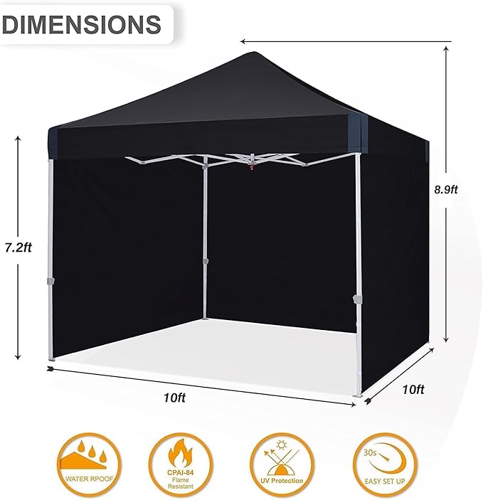 Eazy Up OUTDOOR WIND 10x10 Pop Up Canopy with Sidewalls Heavy Duty Commercial Instant Canopy Tent with Sand Bags for Deck Party Camping Backyard Playground Black