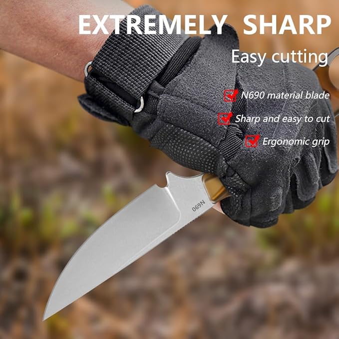 Fixed Blade Knife with Sheath3.22inch N690 Steel Blade KnivesEDC Knife Ergonomic PEI Handle with Full Tang Design Knives for OutdoorGift for Men&ampWomen(Yellowish-brown)