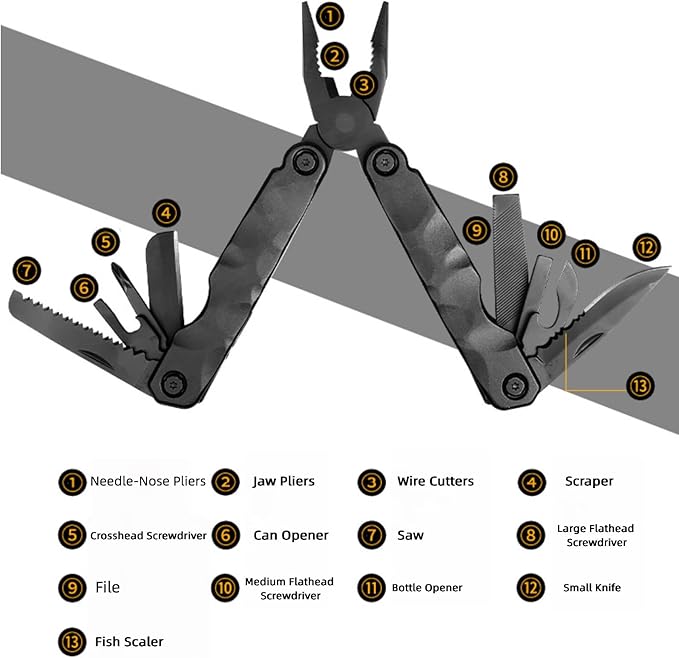 Multitool 13-in-1 Full-Size Lightweight EDC Multi-Purpose Pliers Stainless Steel and Aluminum Alloy Materials Camping Knives &amp Tools Gifts for Hunters Men who have Everything (Black)