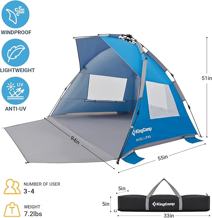 KingCamp Beach Tent Pop Up Shade 10s Easy Set Up Portable Beach Canopy Tent Sun Shelter for 3-4 Person Lightweight Instant Tent with Extendable Floor Beach Outdoor Camping Picnic