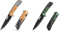 FLISSA Folding Pocket Knife Set SANDVIK 14C28N Steel Blade Knife Olive Wood-Steel Handle and Micarta-Steel Handle Pocket Clip and Thumb Hole for EDC Camping Hiking Outdoor