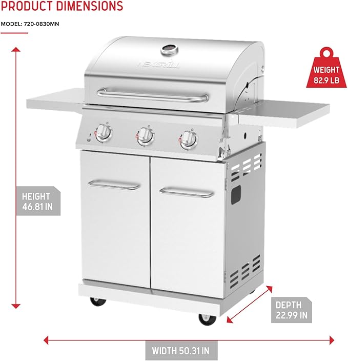 Nexgrill Stainless Steel 3-Burner Propane Gas Grill w/Foldable Side Shelves 40500BTUS 591.05 sq. in. Cooking Area Perfect for Outdoor Cooking &amp Grilling BBQs Backyard Tailgating 720-0830MN