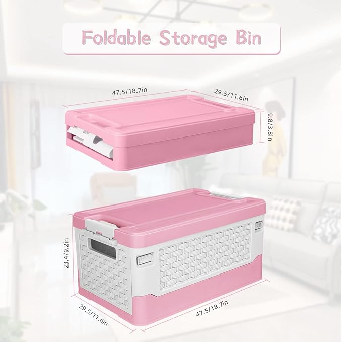 TOPCJ Foldable Storage Bins with LidsCloset OrganizerStackable Plastic Storage Containers with Secure Latching BucklesPerfect Storge Box Organization for Homehome Office(Pink)