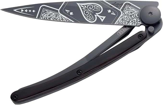 deejo - 37G Folding Pocket Knife with Belt Clip - Good Luck Design 3.7-Inch Stainless Steel Blade Black Titanium Finish Ebony Wood Handle - Lightweight EDC for Home Work and Outdoor Use