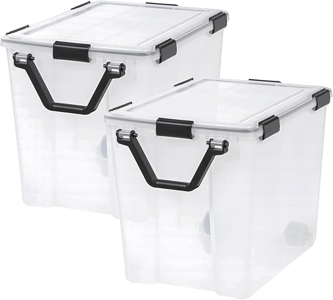 IRIS USA WeatherPro 103 Qt Storage Bins with Lids 4 Pack BPA-Free Plastic Gasket Box with Tight Latch and Seal Stackable Nestable Tote Tub - Clear/Black