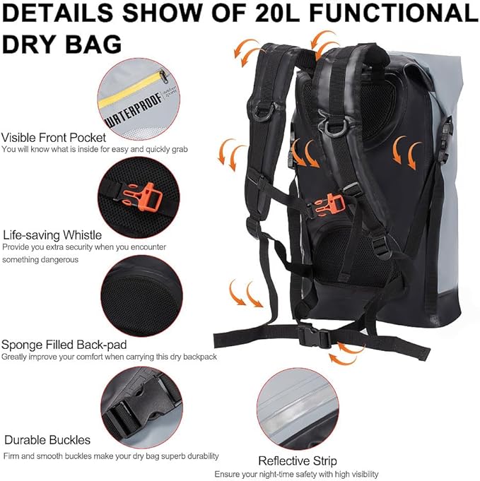 XhuangTech 20L Waterproof Drybag Water Sports Floating Backpack Durable Heavy Duty Duffel Bag for Kayaking Rafting Boating FishingCamping (Gray 20L)
