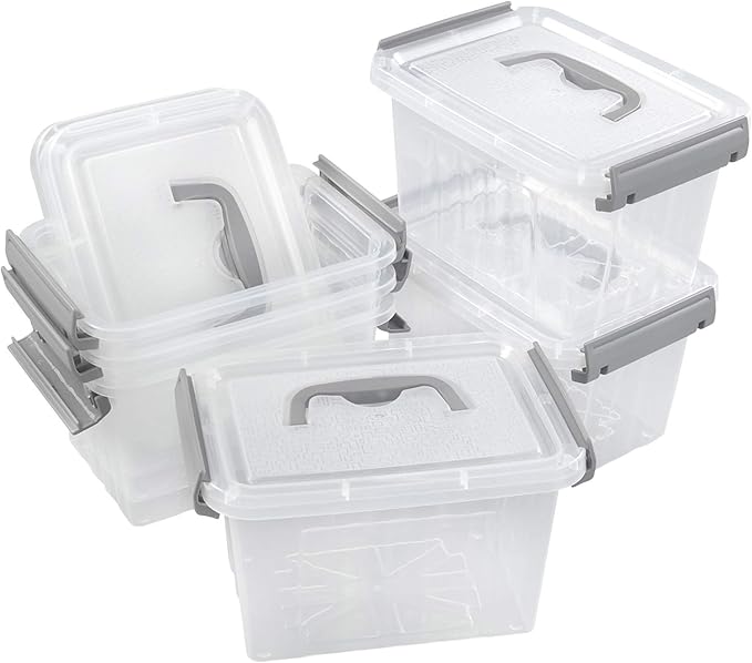 Farmoon 3.5 Quart Clear Storage Bin Small Plastic Stackable Box/Cotainer with Lid and Grey Handle 6 Packs