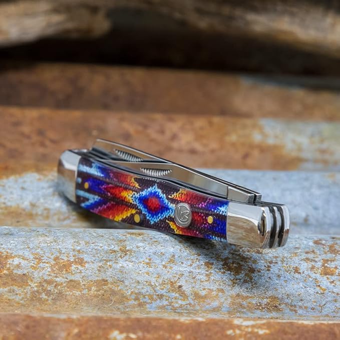 WHISKEY BENT HAT CO. Traditional Trapper Folding Pocket Knife 4.125 Closed Length 440C Stainless Steel Blades (Southwest Starburst)
