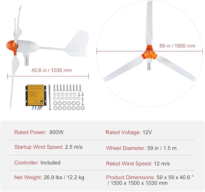 Happybuy 800W Wind Turbine Generator 12V Wind Turbine Kit 3-Blade Wind Power Generator with MPPT Controller Adjustable Windward Direction &amp 2.5m/s Start Wind Speed for Home Farm RVs and Boat