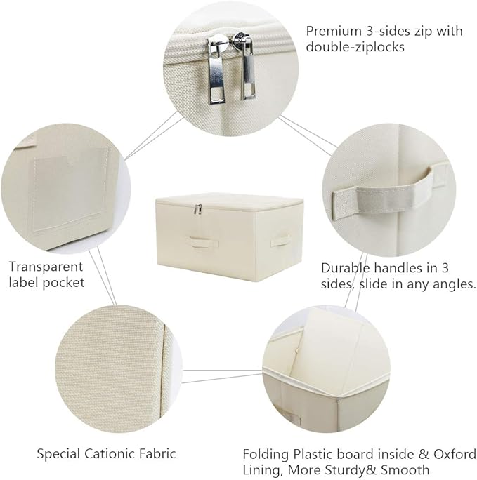 iwill CREATE PRO 3-Pack Beige Folding Storage Boxes with Zip Lid | Collapsible &amp Stackable Rigid Organizer Bins for Clothes Blankets Books