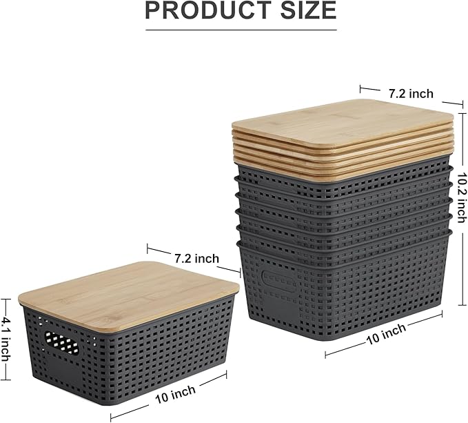 Small Plastic Storage Bins with Bamboo Lids 5.2qt Stackable Box Basket Pantry Decorative Containers Cute with Lable for Organizing Desktop Closet Office Gray of 6 packs 10 * 7.2 * 4.1