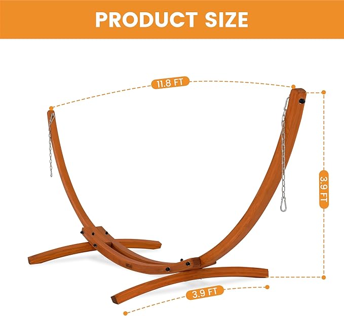 Lazy Daze Hammocks 12 FT Outdoor Arc Wood Hammock Stand 2 Person Hard Pine Wood Hammock Stand with Carabiners and Chains for Outdoor Patio Garden Yard Poolside 400lb Capacity Brown